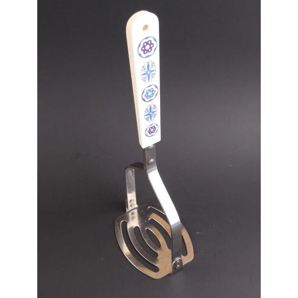 Vintage Stainless Steel Slotted Potato Masher Blue and White Handle Ace